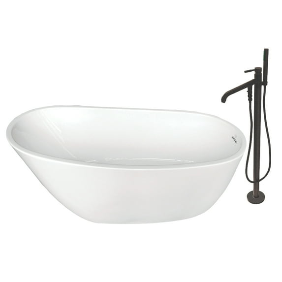 Aqua Eden KTRS592928A5 59" Acrylic Oval Single Slipper Freestanding Tub with Faucet Combo and Drain, Glossy White/Oil Rubbed Bronze