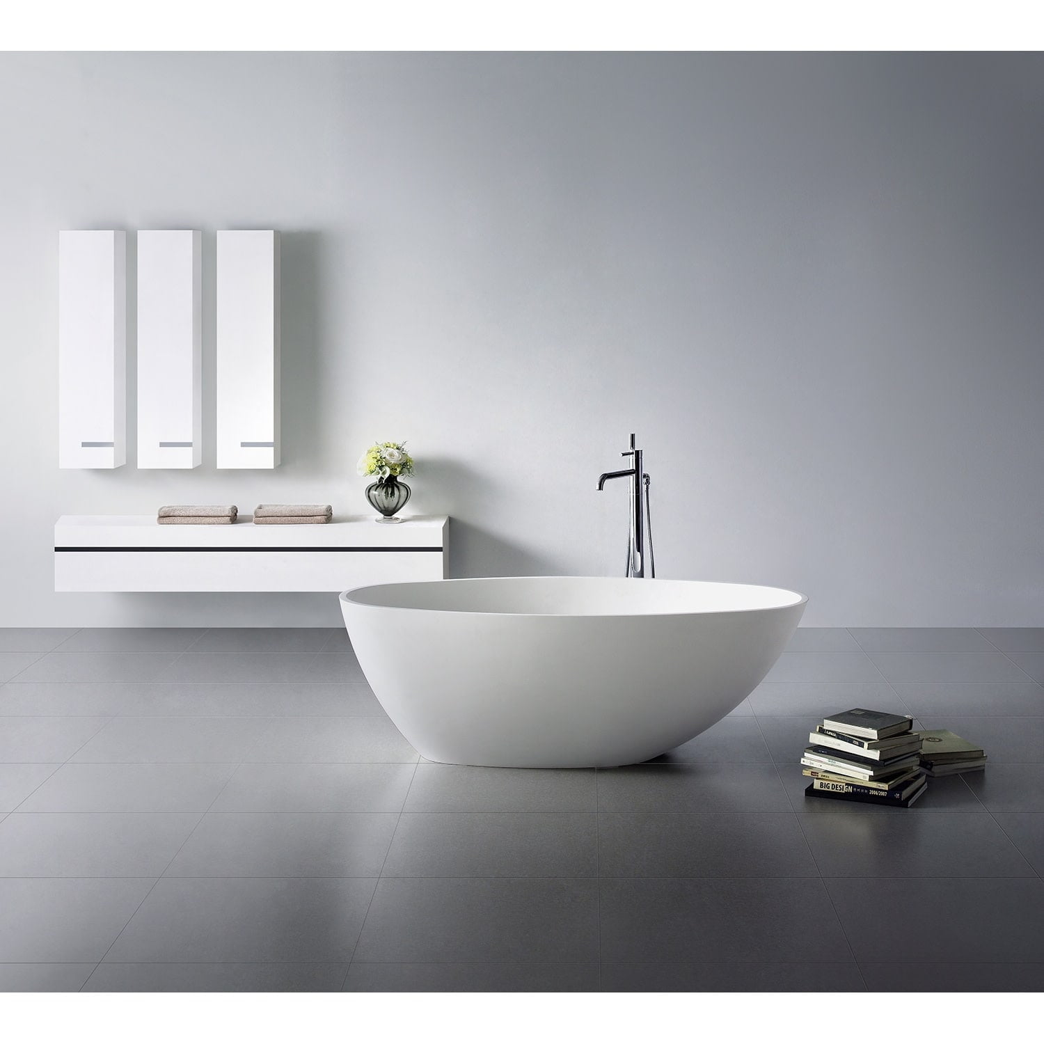 63-Inch White Solid Surface Freestanding Oval Bathtub