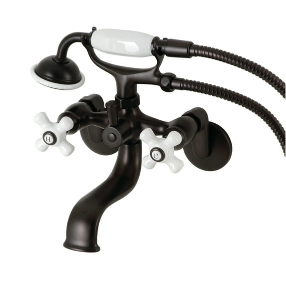 Kingston Brass KS226PXORB Kingston Three-Handle 2-Hole Wall Mount Clawfoot Tub Faucet with Hand Shower in Oil Rubbed Bronze