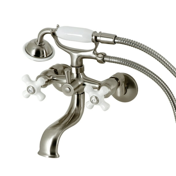 Kingston Brass KS225PXSN Kingston Three-Handle 2-Hole Tub Wall Mount Clawfoot Tub Faucet with Hand Shower in Brushed Nickel