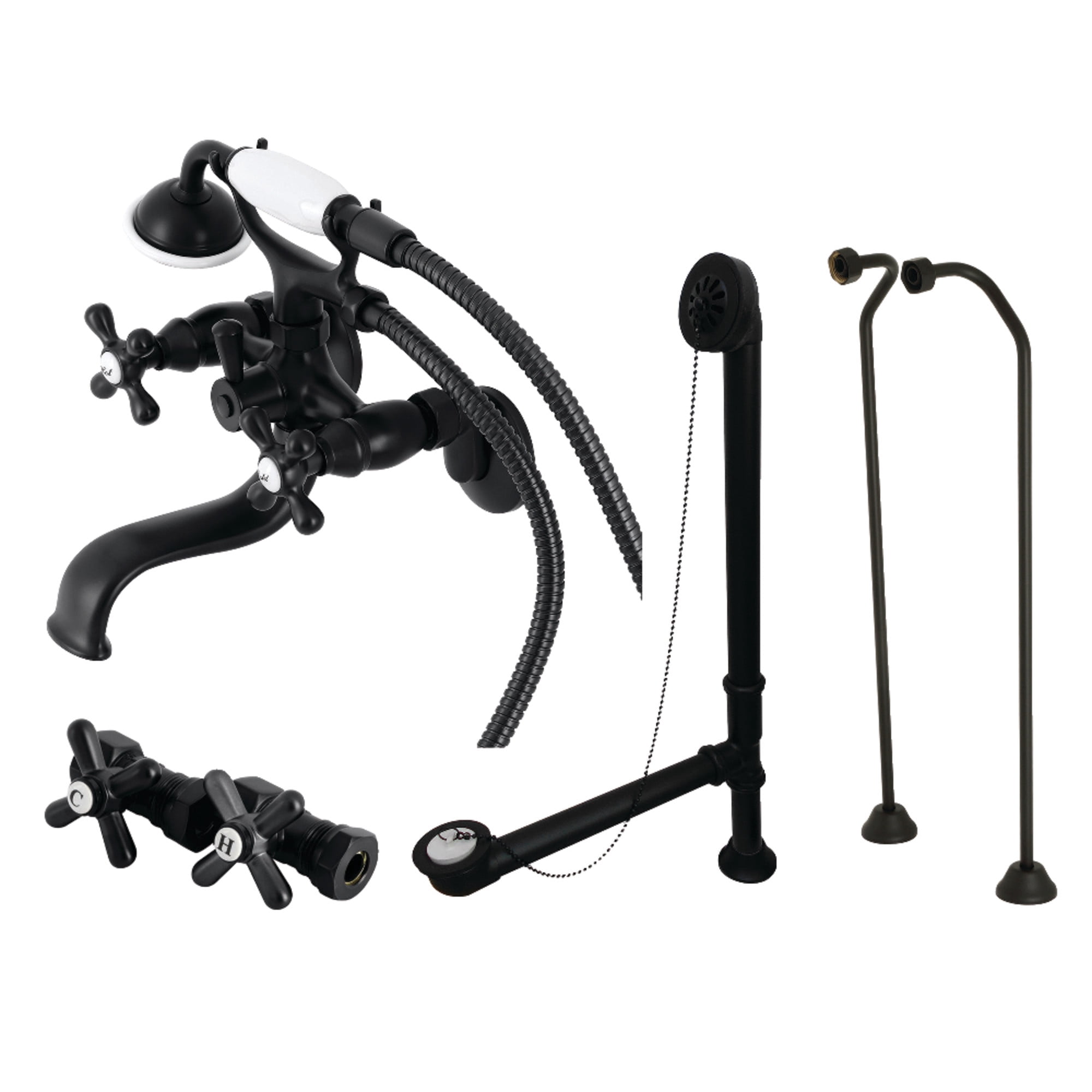 Kingston Brass CCK225MBD Vintage Tub Wall Mount Clawfoot Tub Faucet Package with Supply Line, Hand Shower and Tub Drain, Matte Black