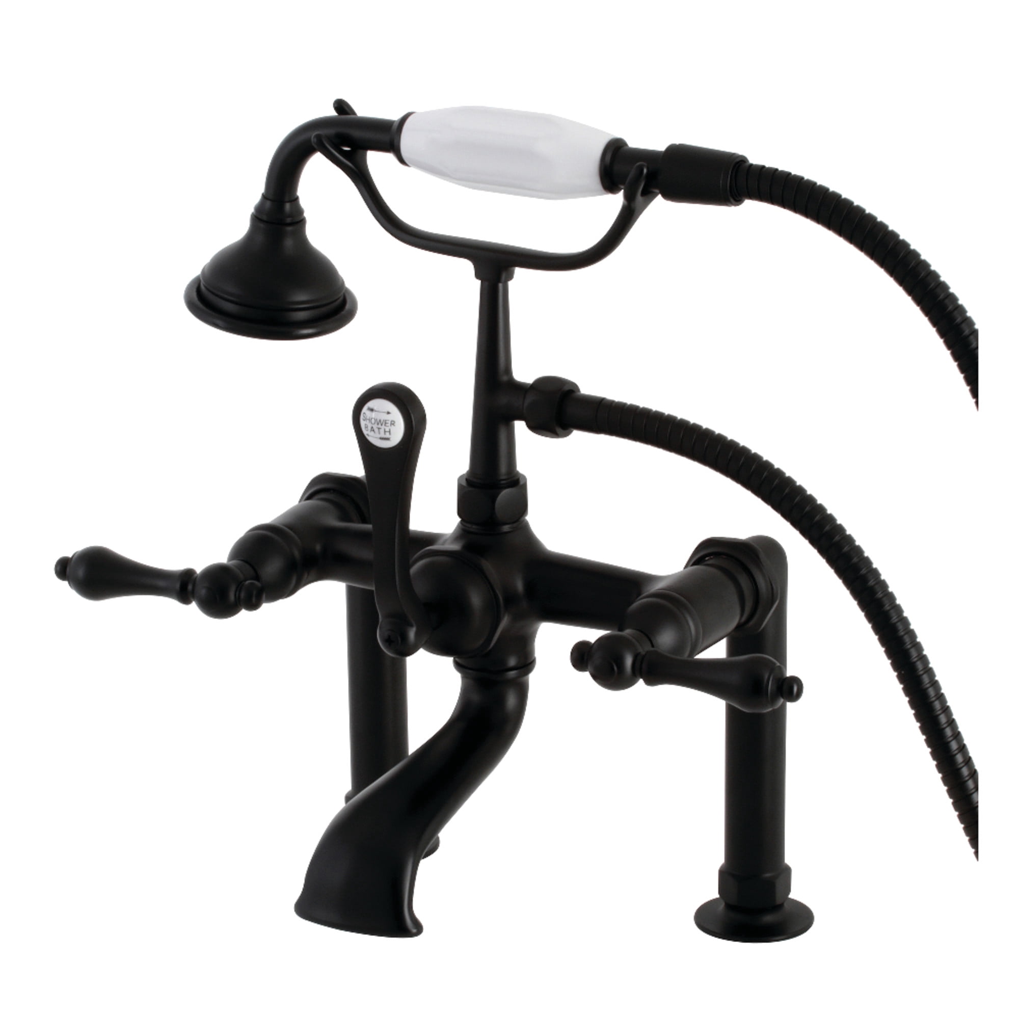 Kingston Brass AE103T0 Aqua Vintage 7" Center Deck-Mount Clawfoot Tub Faucet with Hand Shower, Matte Black