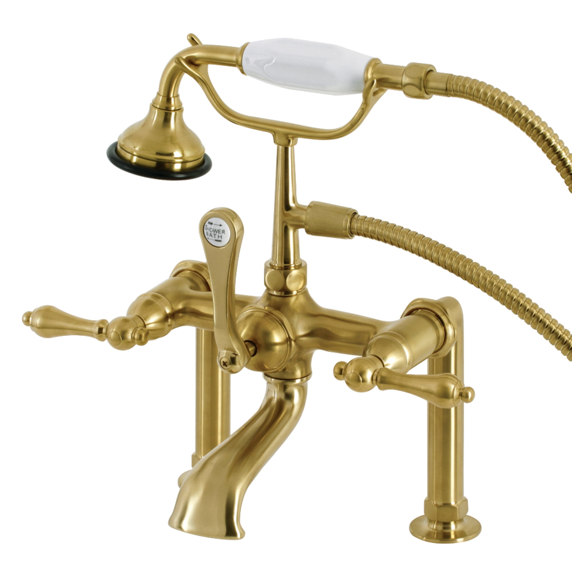 Kingston Brass AE103T7 Aqua Vintage 7" Center Deck-Mount Clawfoot Tub Faucet with Hand Shower, Brushed Brass