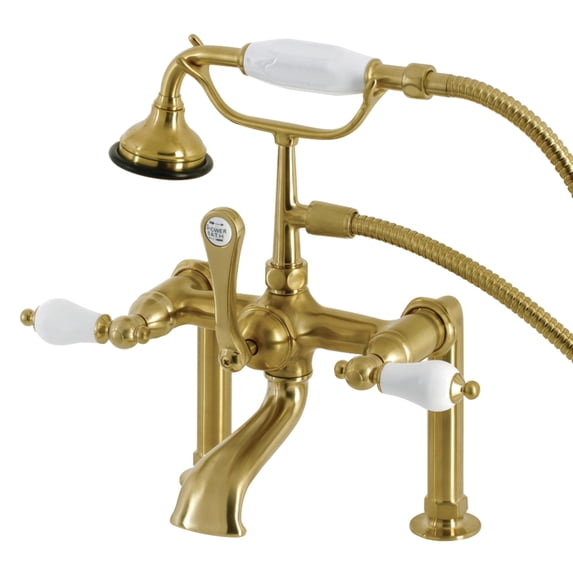 Kingston Brass AE105T7 Aqua Vintage 7" Center Deck-Mount Clawfoot Tub Faucet with Hand Shower, Brushed Brass