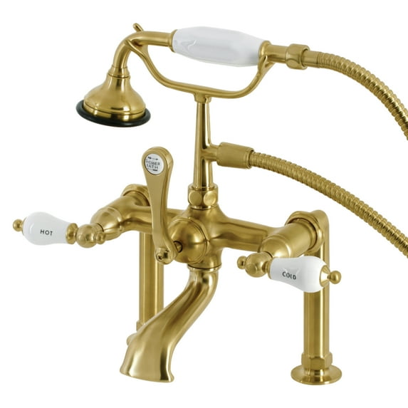 Kingston Brass AE107T7 Aqua Vintage 7" Center Deck-Mount Clawfoot Tub Faucet with Hand Shower, Brushed Brass
