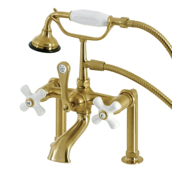 Kingston Brass AE111T7 Aqua Vintage 7" Center Deck-Mount Clawfoot Tub Faucet with Hand Shower, Brushed Brass