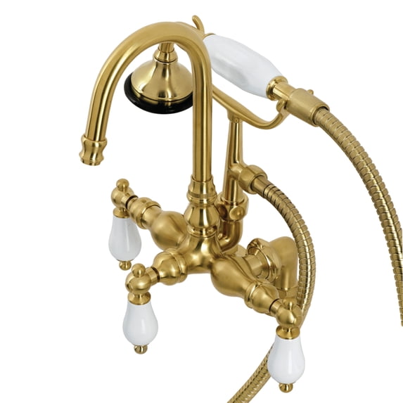 Kingston Brass AE15T7 Aqua Vintage 3-3/8" Center Deck-Mount Clawfoot Tub Faucet with Hand Shower, Brushed Brass