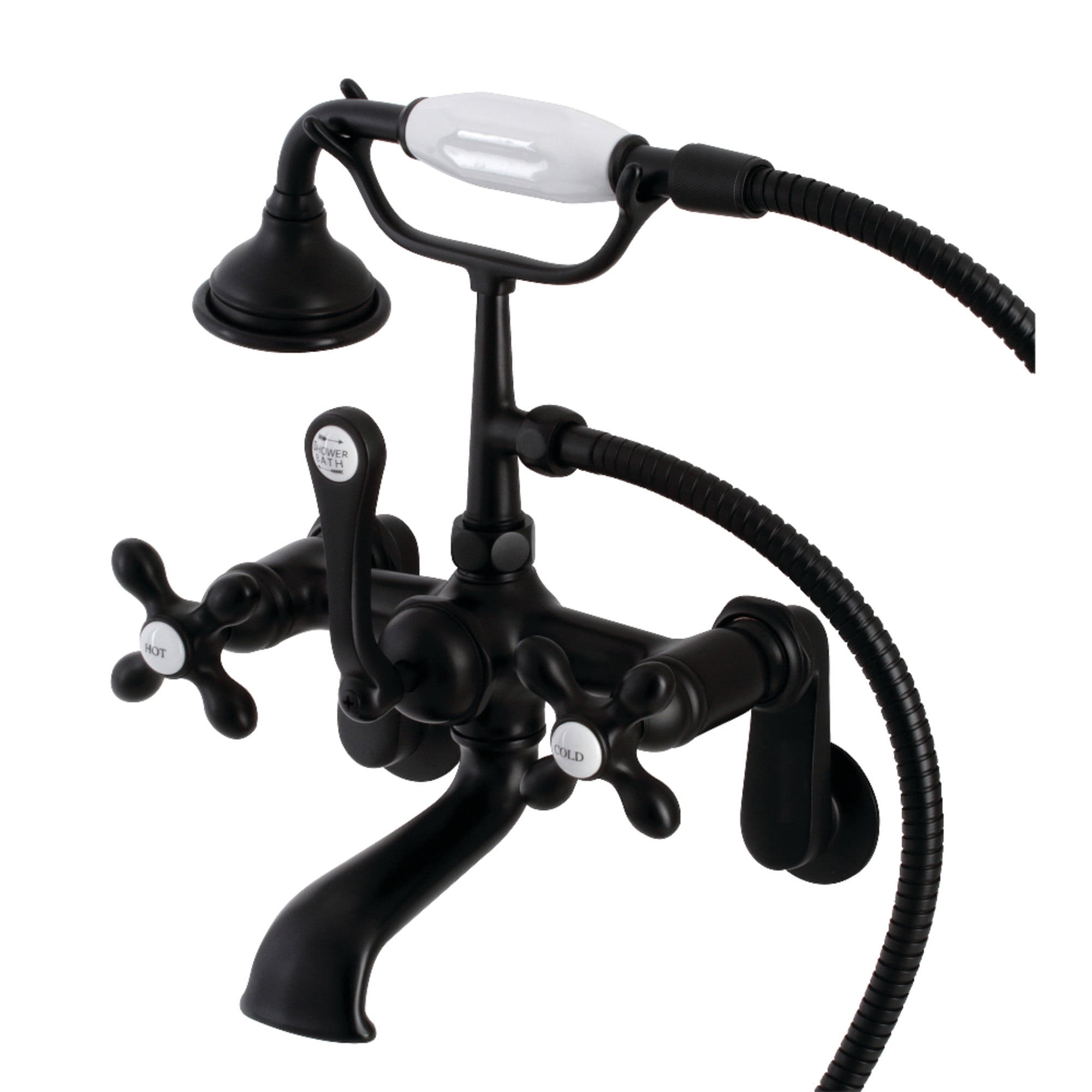 Kingston Brass AE57T0 Aqua Vintage Wall Mount Tub Faucet with Hand Shower, Matte Black