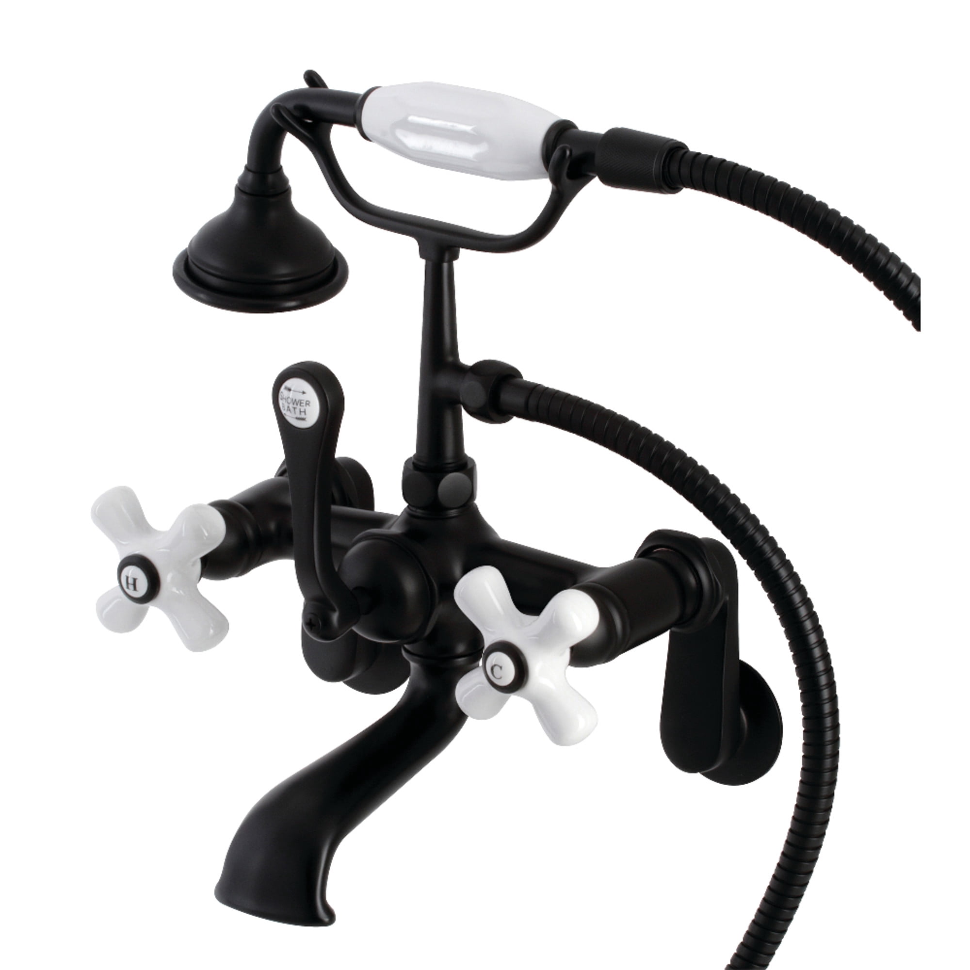 Kingston Brass AE59T0 Aqua Vintage Wall Mount Tub Faucet with Hand Shower, Matte Black