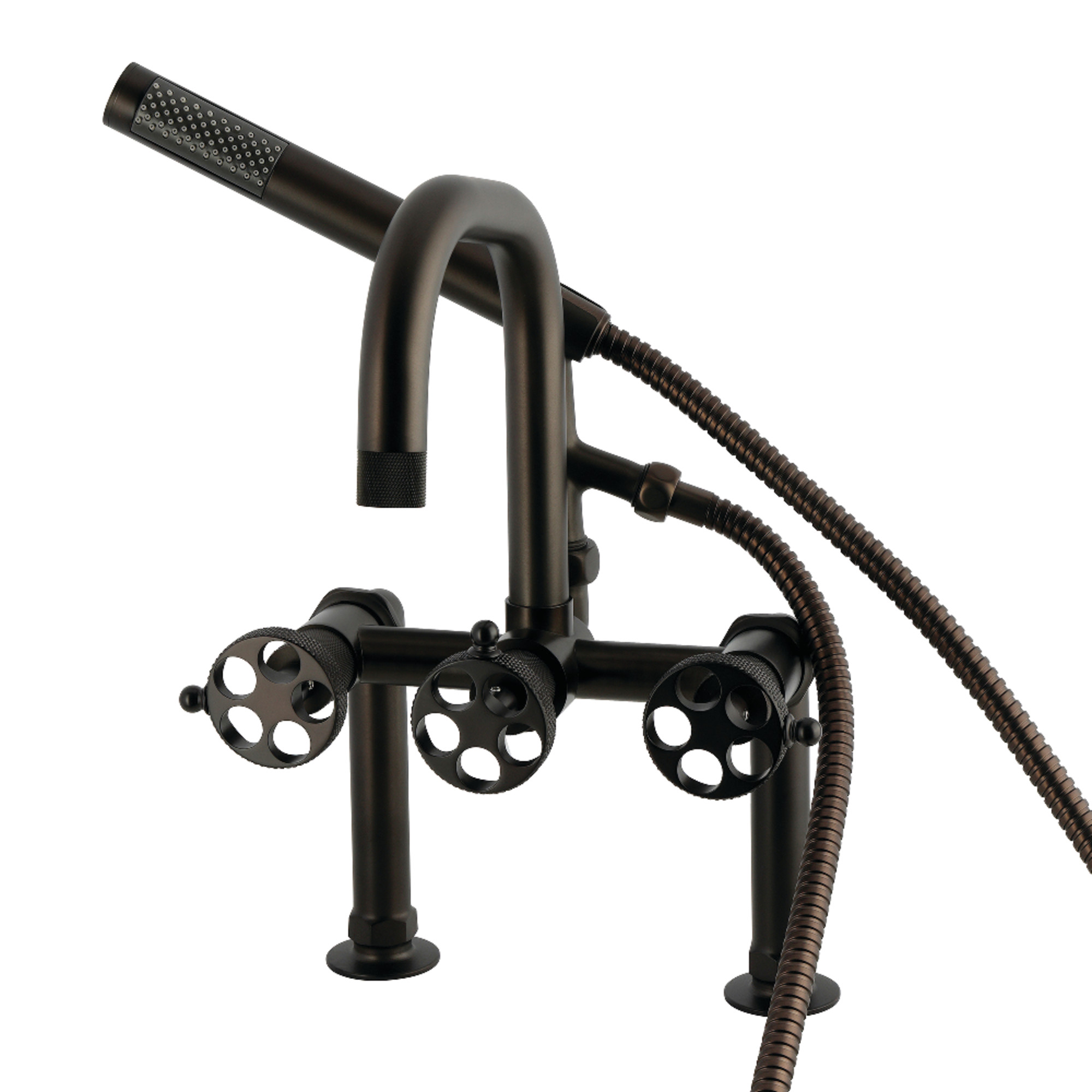 Kingston Brass AE6005RKX Webb 7" Center Deck-Mount Clawfoot Tub Faucet with Knurled Handle and Hand Shower, Oil Rubbed Bronze