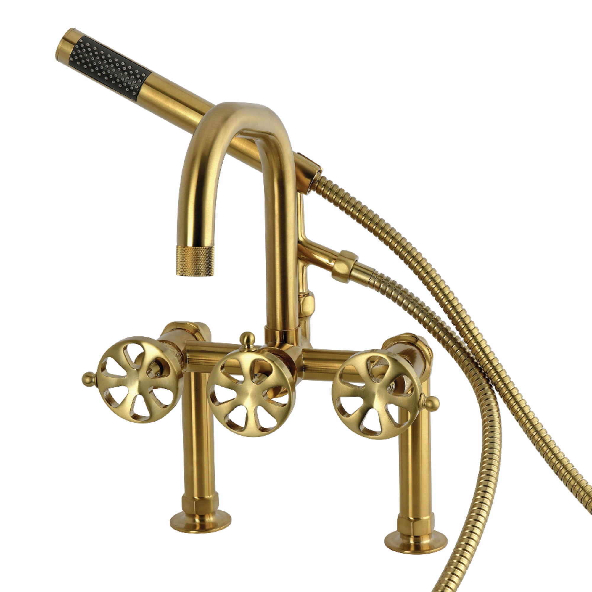 Kingston Brass AE6007RX Belknap 7" Center Deck-Mount Clawfoot Tub Faucet with Hand Shower, Brushed Brass