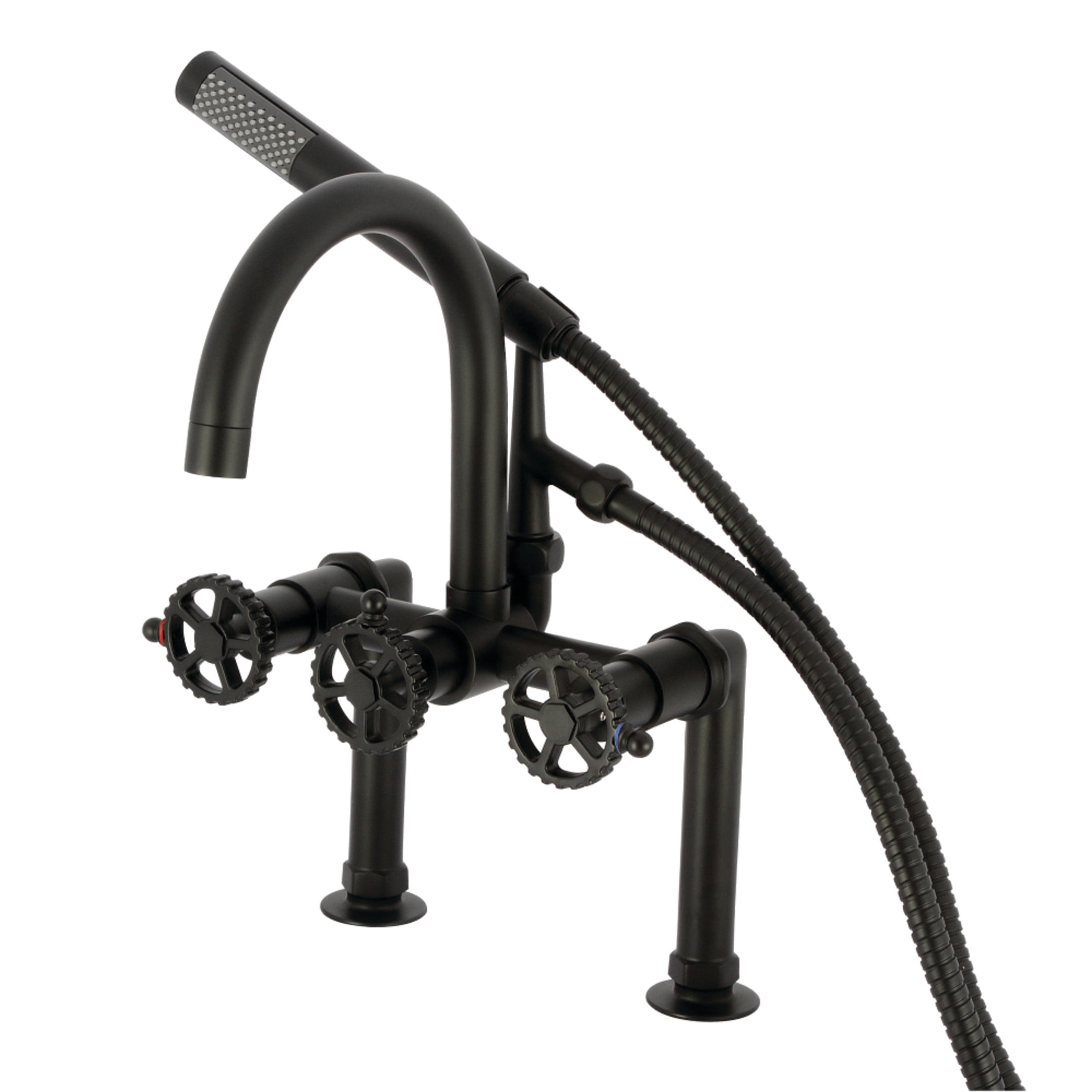 Kingston Brass AE8100CG Fuller Three-Handle 2-Hole Deck-Mount Clawfoot Tub Faucet with Hand Shower in Matte Black