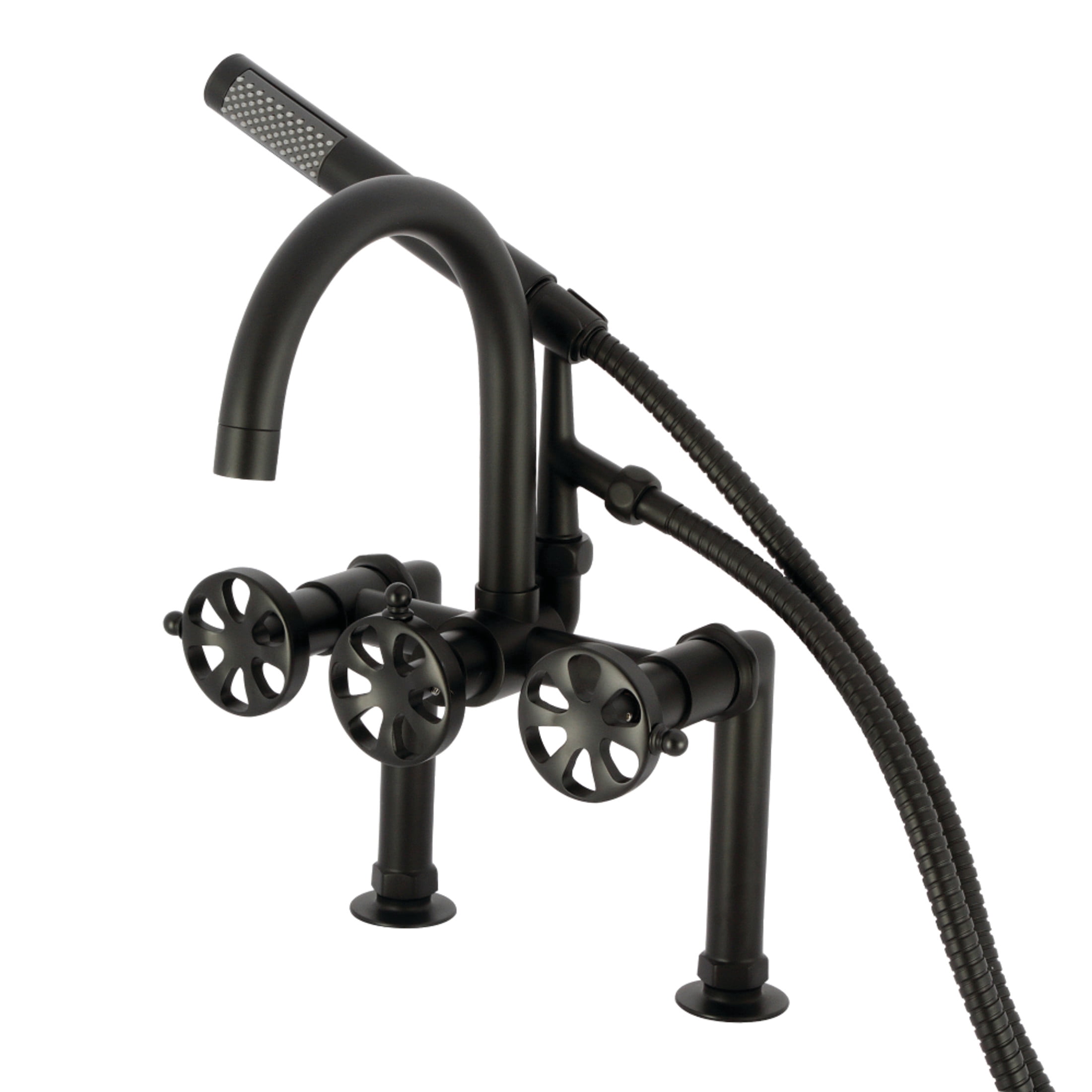 Kingston Brass AE8100RX Belknap Three-Handle 2-Hole Deck-Mount Clawfoot Tub Faucet with Hand Shower in Matte Black