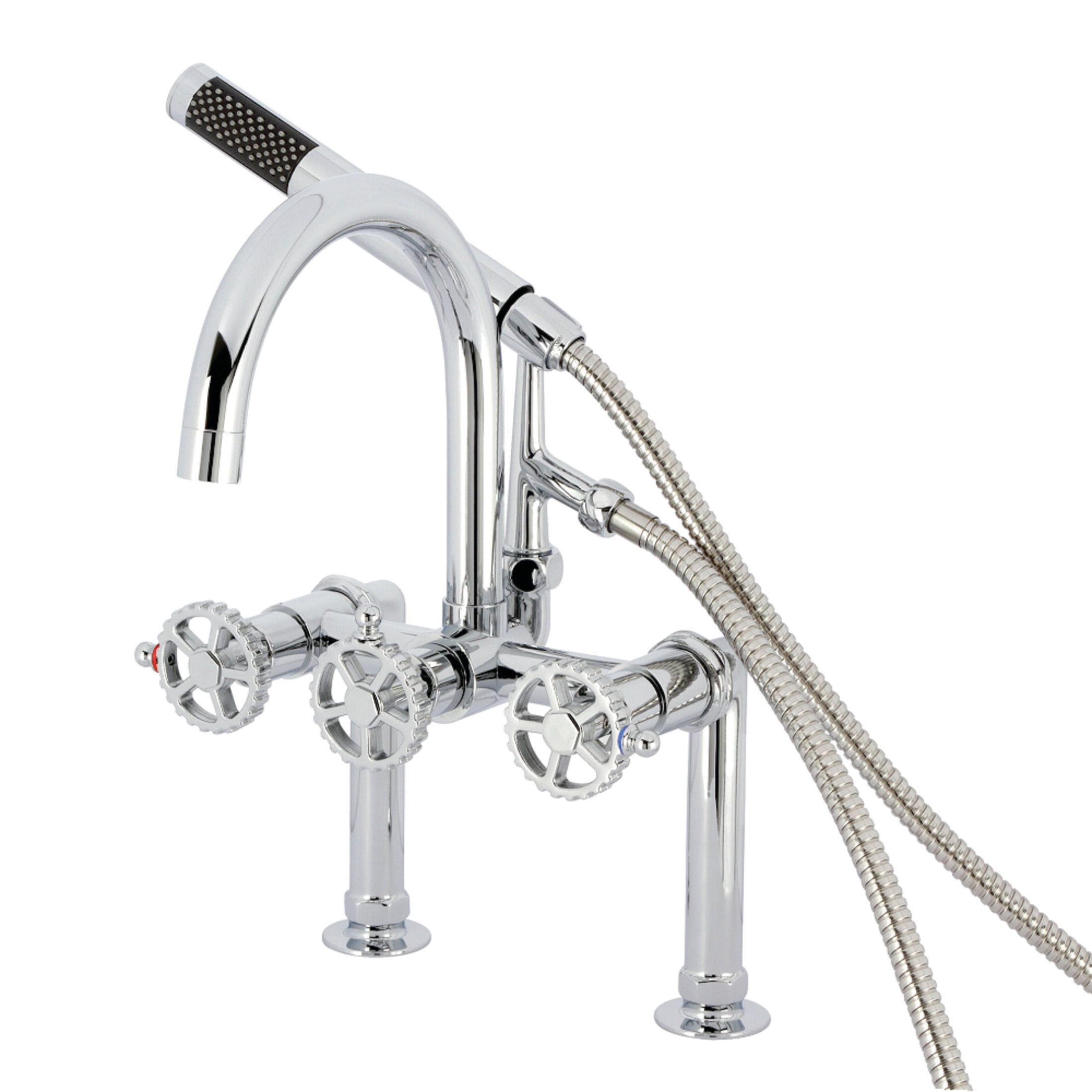Kingston Brass AE8101CG Fuller Three-Handle 2-Hole Deck-Mount Clawfoot Tub Faucet with Hand Shower in Polished Chrome