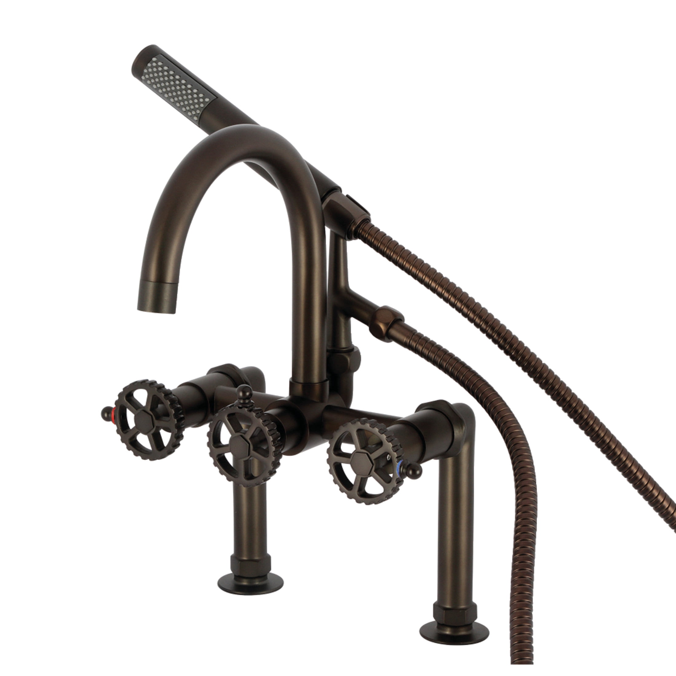 Kingston Brass AE8105CG Fuller Three-Handle 2-Hole Deck-Mount Clawfoot Tub Faucet with Hand Shower in Oil Rubbed Bronze