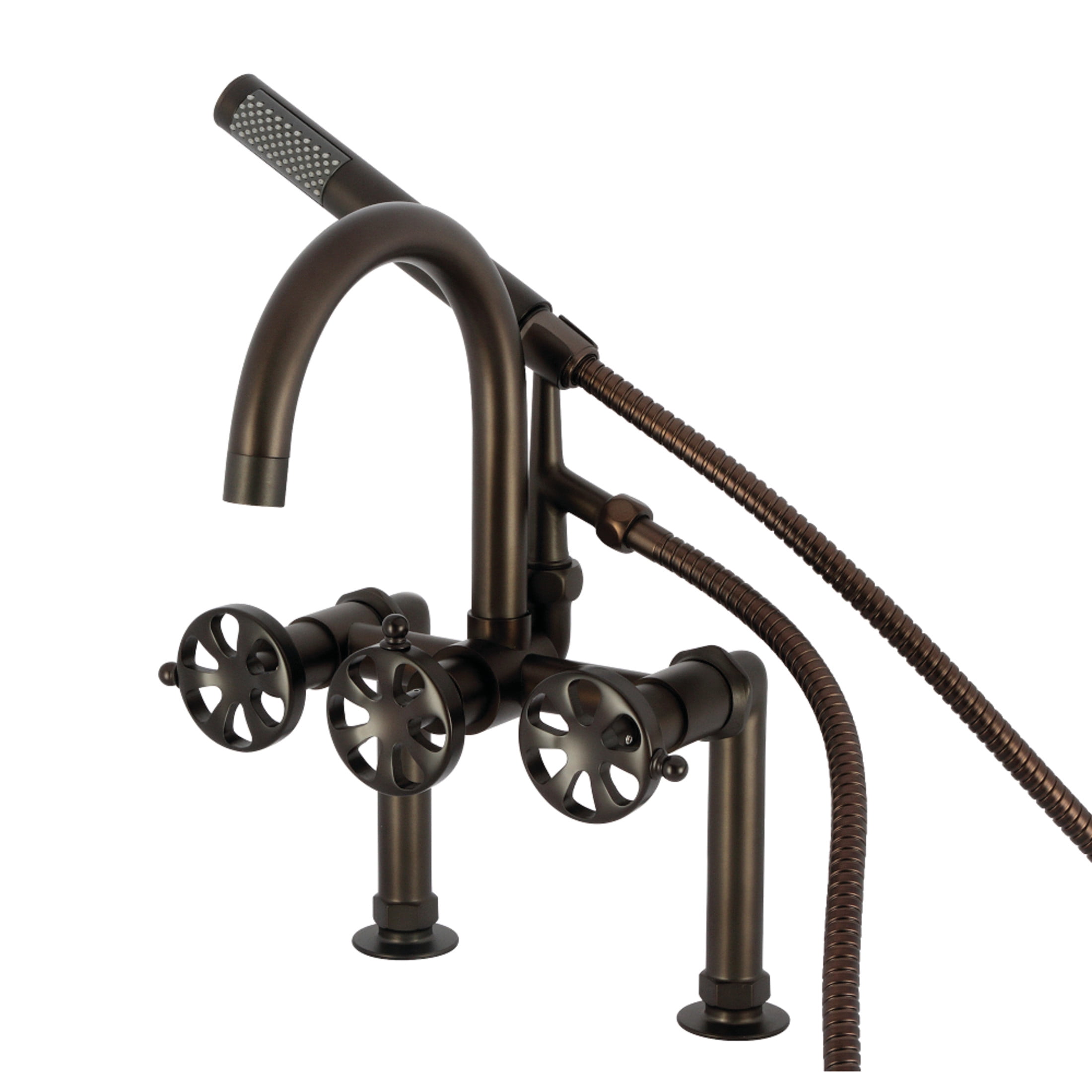 Kingston Brass AE8105RX Belknap Three-Handle 2-Hole Deck-Mount Clawfoot Tub Faucet with Hand Shower in Oil Rubbed Bronze