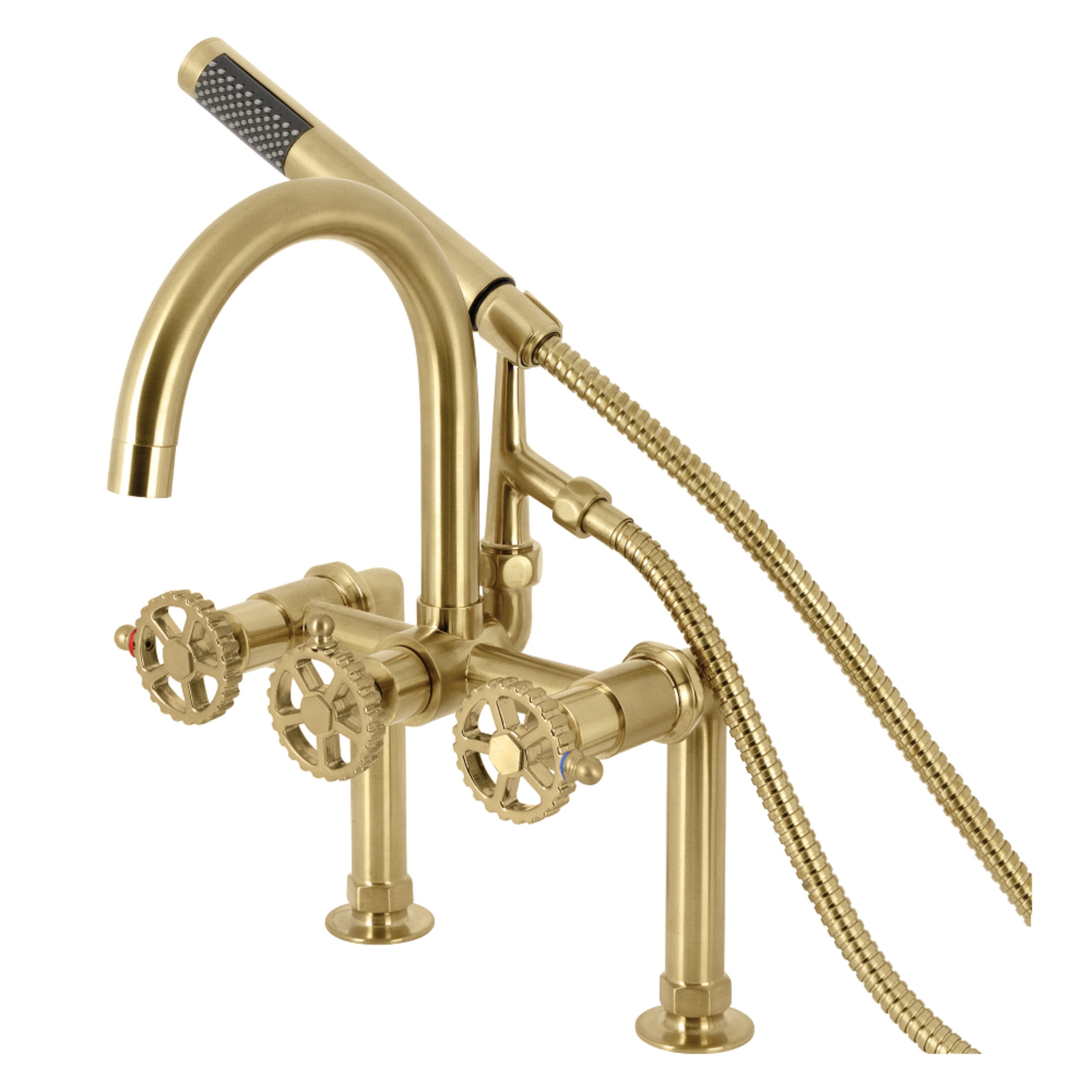 Kingston Brass AE8107CG Fuller Three-Handle 2-Hole Deck-Mount Clawfoot Tub Faucet with Hand Shower in Brushed Brass