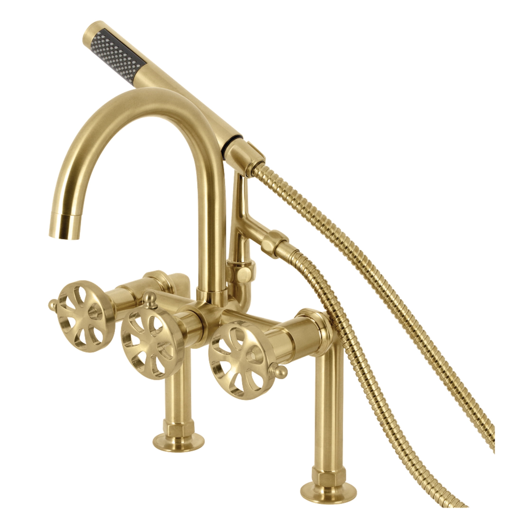 Kingston Brass AE8107RX Belknap Three-Handle 2-Hole Deck-Mount Clawfoot Tub Faucet with Hand Shower in Brushed Brass