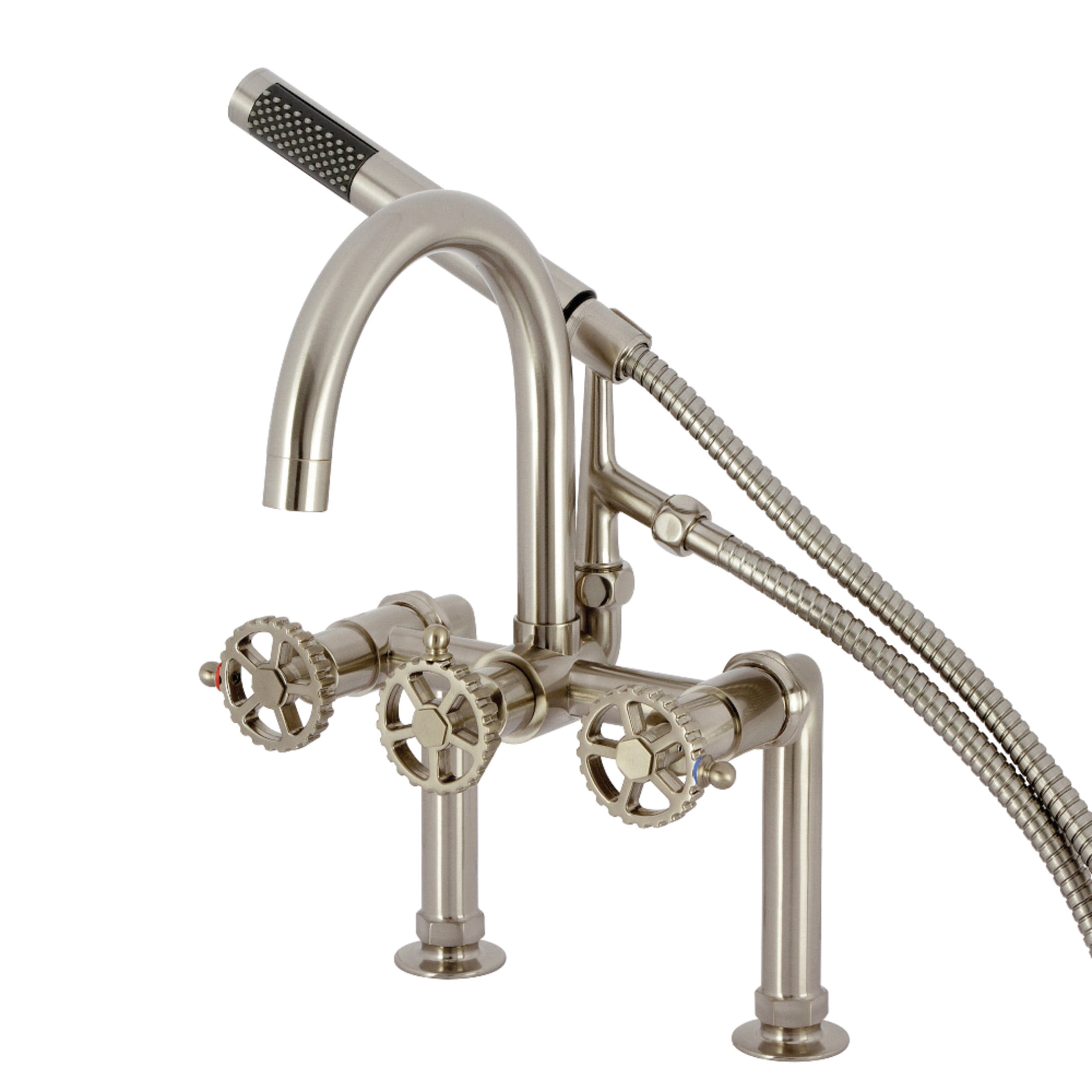 Kingston Brass AE8108CG Fuller Three-Handle 2-Hole Deck-Mount Clawfoot Tub Faucet with Hand Shower in Brushed Nickel