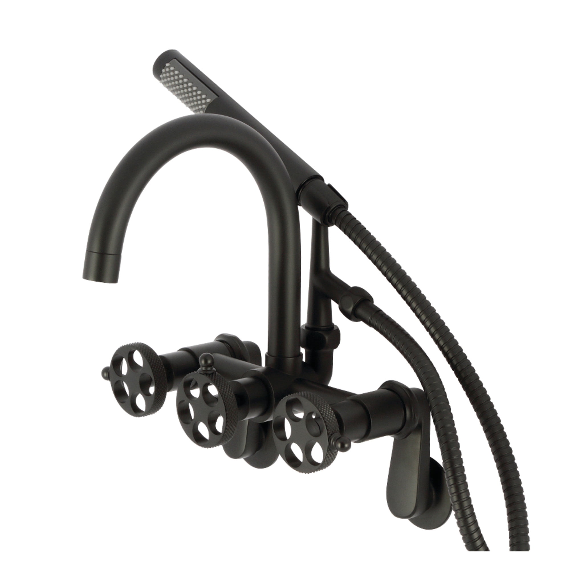 Kingston Brass AE8150RKX Webb 7-Inch Adjustable Wall Mount Clawfoot Tub Faucet with Knurled Handle and Hand Shower, Matte Black
