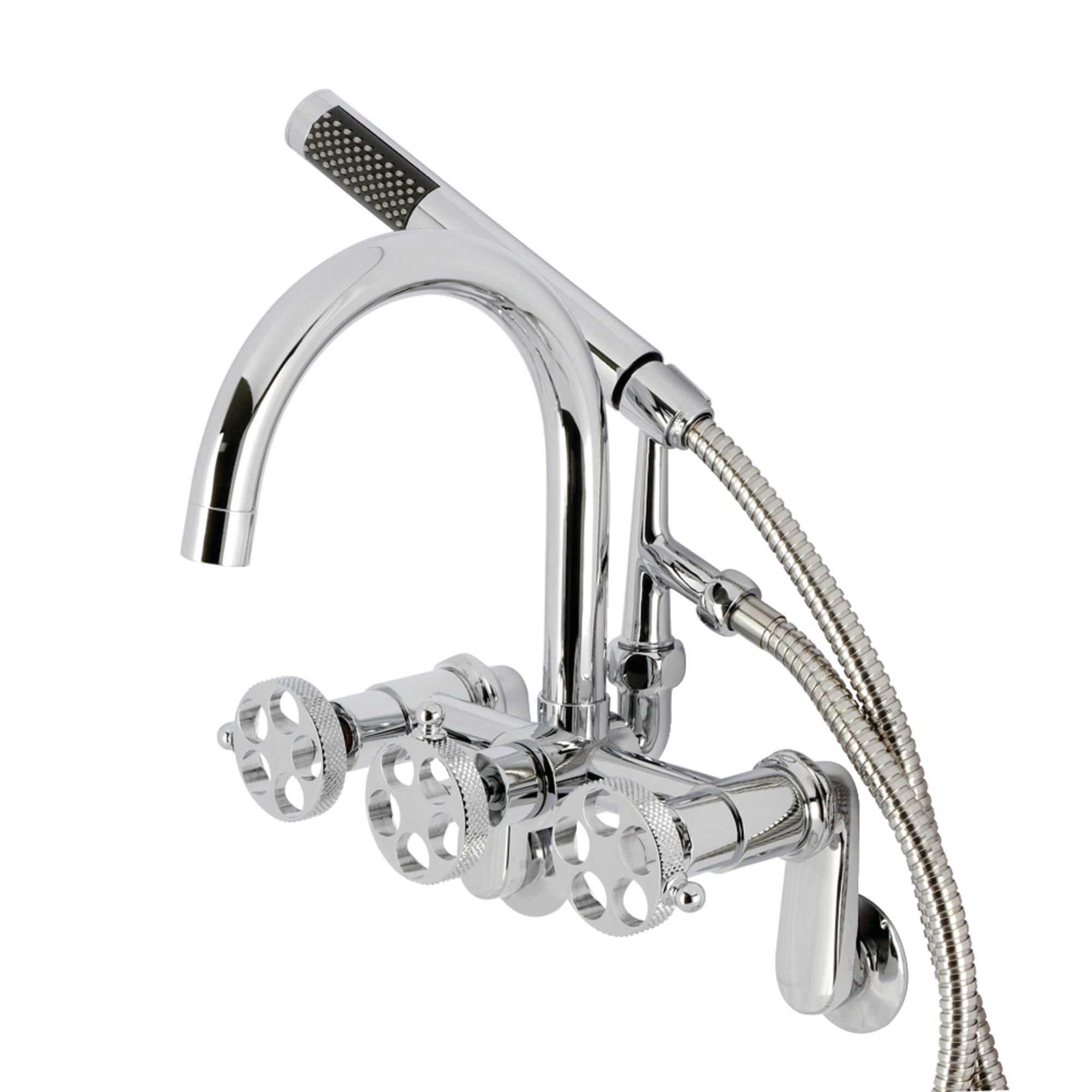 Kingston Brass AE8151RKX Webb 7-Inch Adjustable Wall Mount Clawfoot Tub Faucet with Knurled Handle and Hand Shower, Polished Chrome