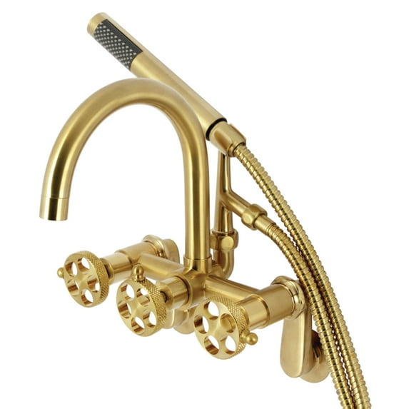 Kingston Brass AE8157RKX Webb 7-Inch Adjustable Wall Mount Clawfoot Tub Faucet with Knurled Handle and Hand Shower, Brushed Brass