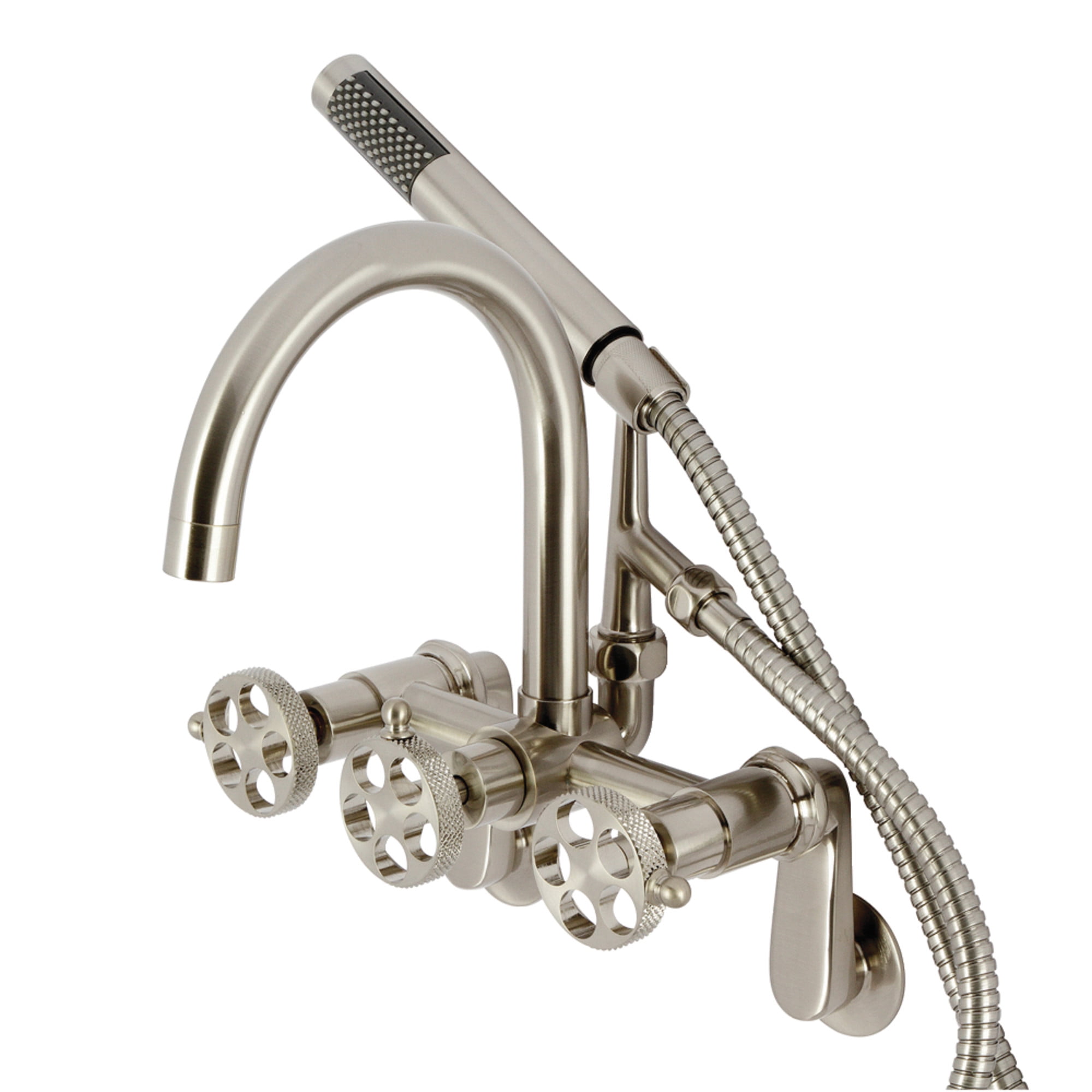 Kingston Brass AE8158RKX Webb 7-Inch Adjustable Wall Mount Clawfoot Tub Faucet with Knurled Handle and Hand Shower, Brushed Nickel