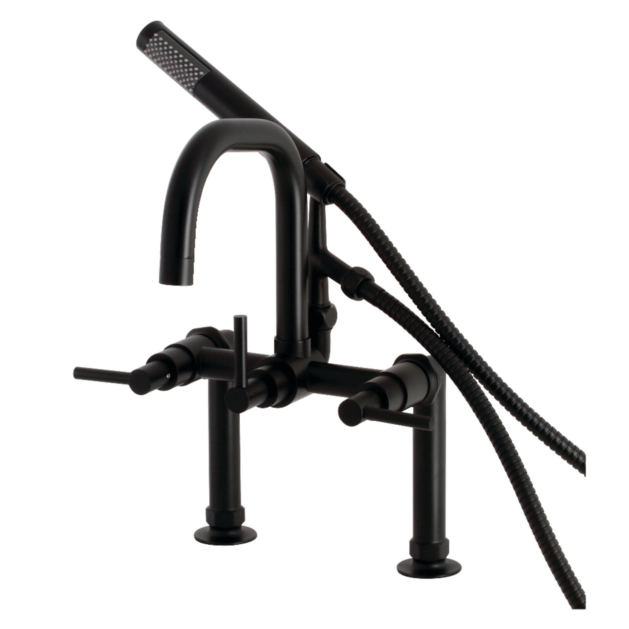 Kingston Brass AE8400DL Concord Three-Handle 2-Hole Deck-Mount Clawfoot Tub Faucet with Hand Shower in Matte Black