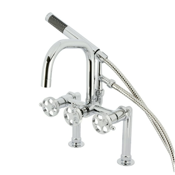 Kingston Brass AE8401RKX Webb 7" Center Deck-Mount Clawfoot Tub Faucet with Knurled Handle and Hand Shower, Polished Chrome