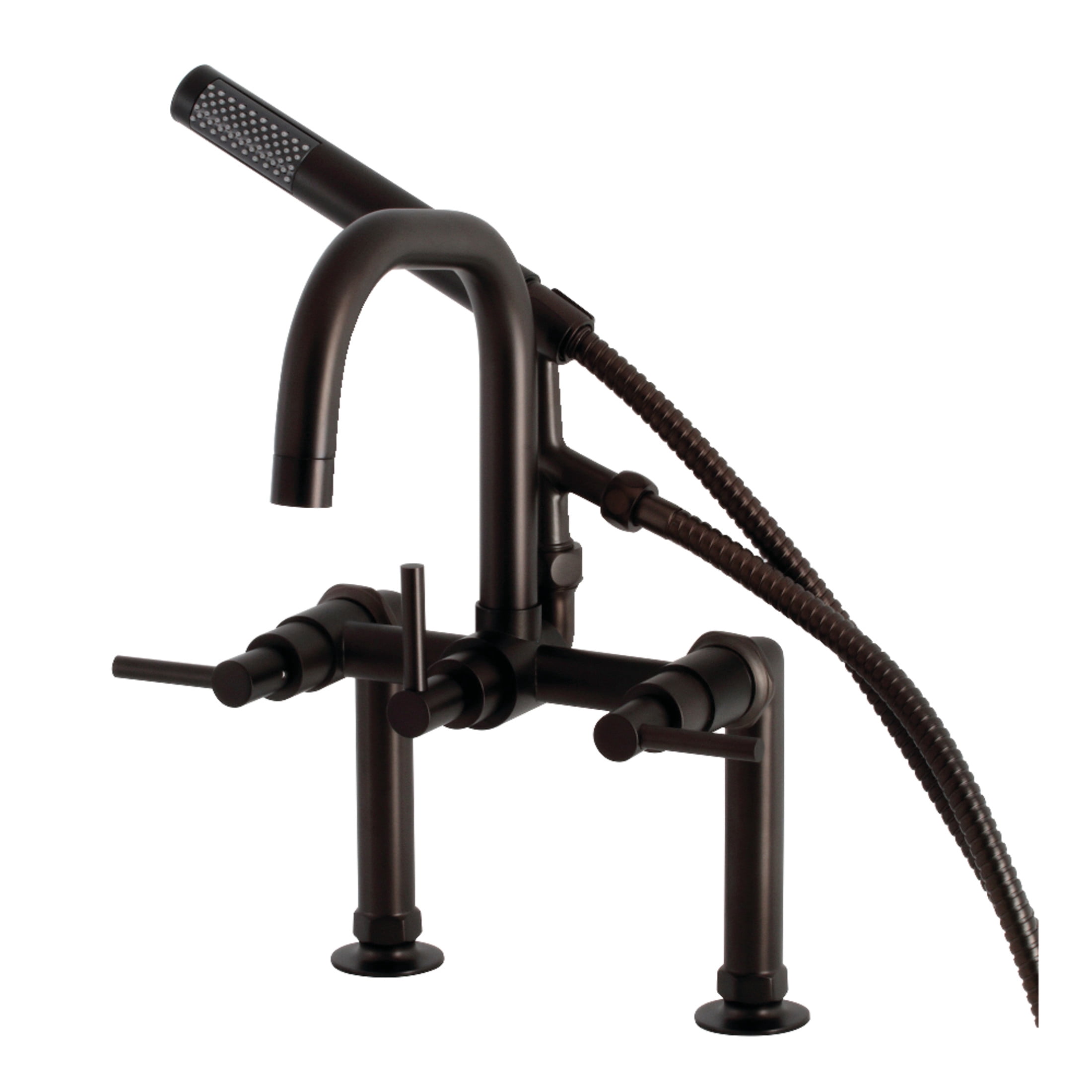 Kingston Brass AE8405DL Concord Three-Handle 2-Hole Deck-Mount Clawfoot Tub Faucet with Hand Shower in Oil Rubbed Bronze