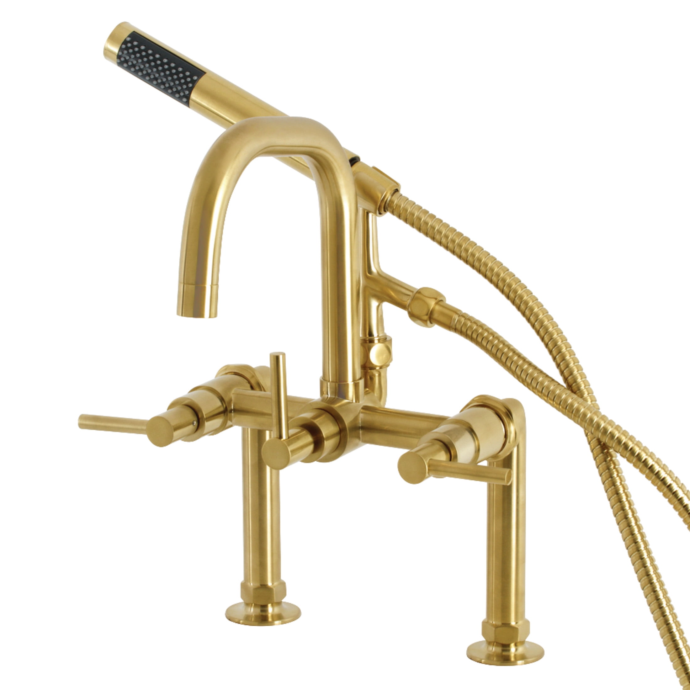 Kingston Brass AE8407DL Concord Three-Handle 2-Hole Deck-Mount Clawfoot Tub Faucet with Hand Shower in Brushed Brass