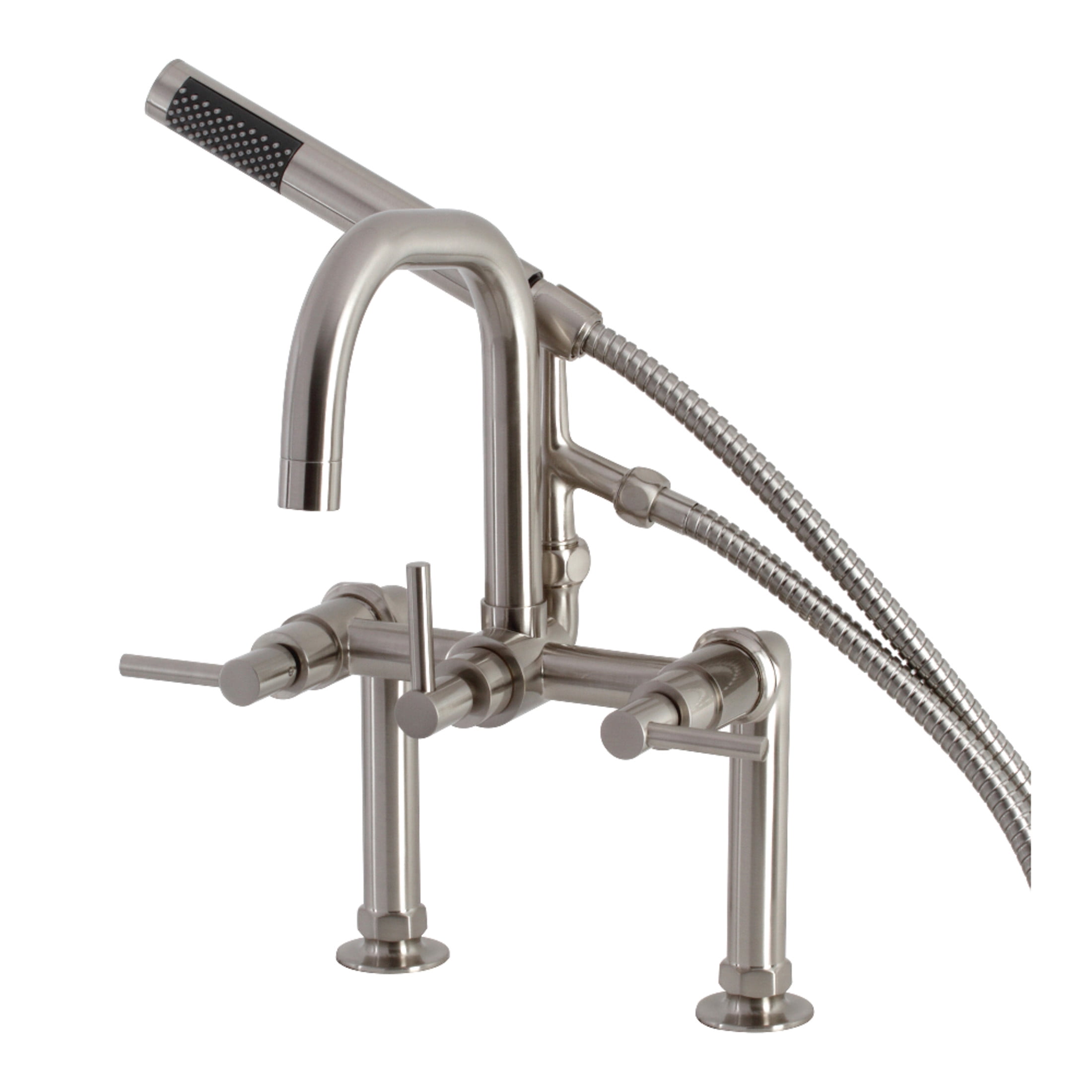 Kingston Brass AE8408DL Concord Three-Handle 2-Hole Deck-Mount Clawfoot Tub Faucet with Hand Shower in Brushed Nickel