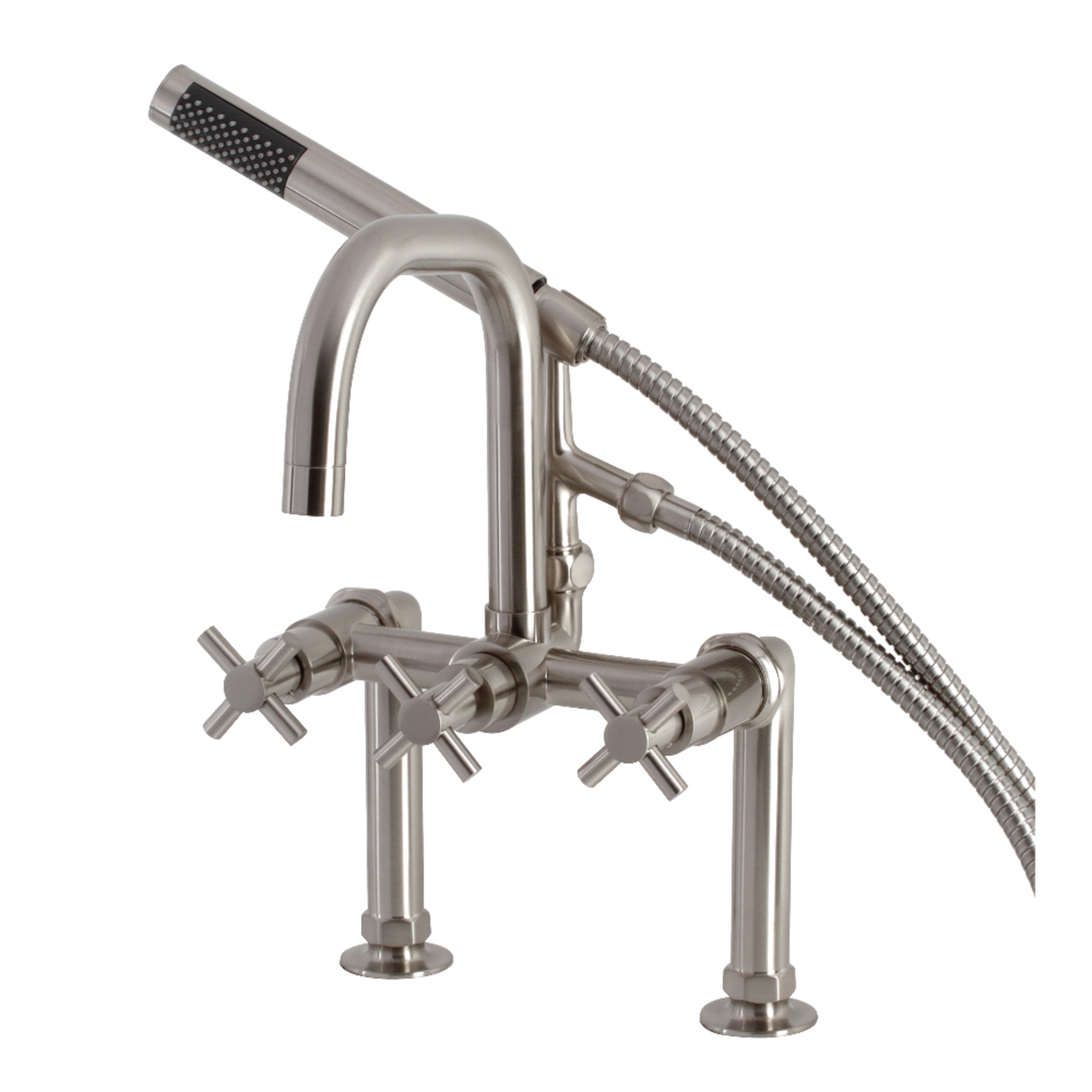 Kingston Brass AE8408DX Concord Three-Handle 2-Hole Deck-Mount Clawfoot Tub Faucet with Hand Shower in Brushed Nickel