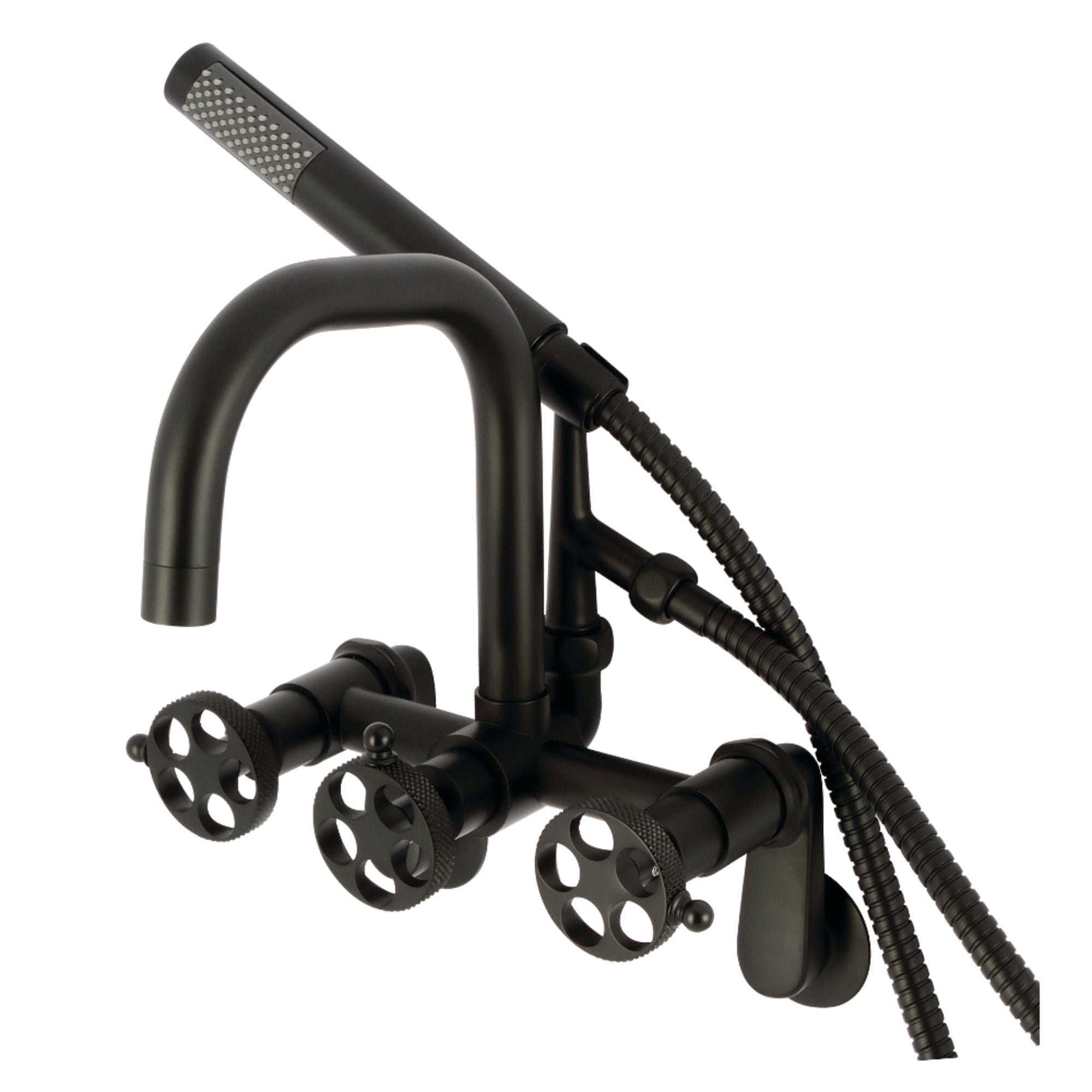 Kingston Brass AE8450RKX Webb 7-Inch Adjustable Wall Mount Clawfoot Tub Faucet with Knurled Handle and Hand Shower, Matte Black