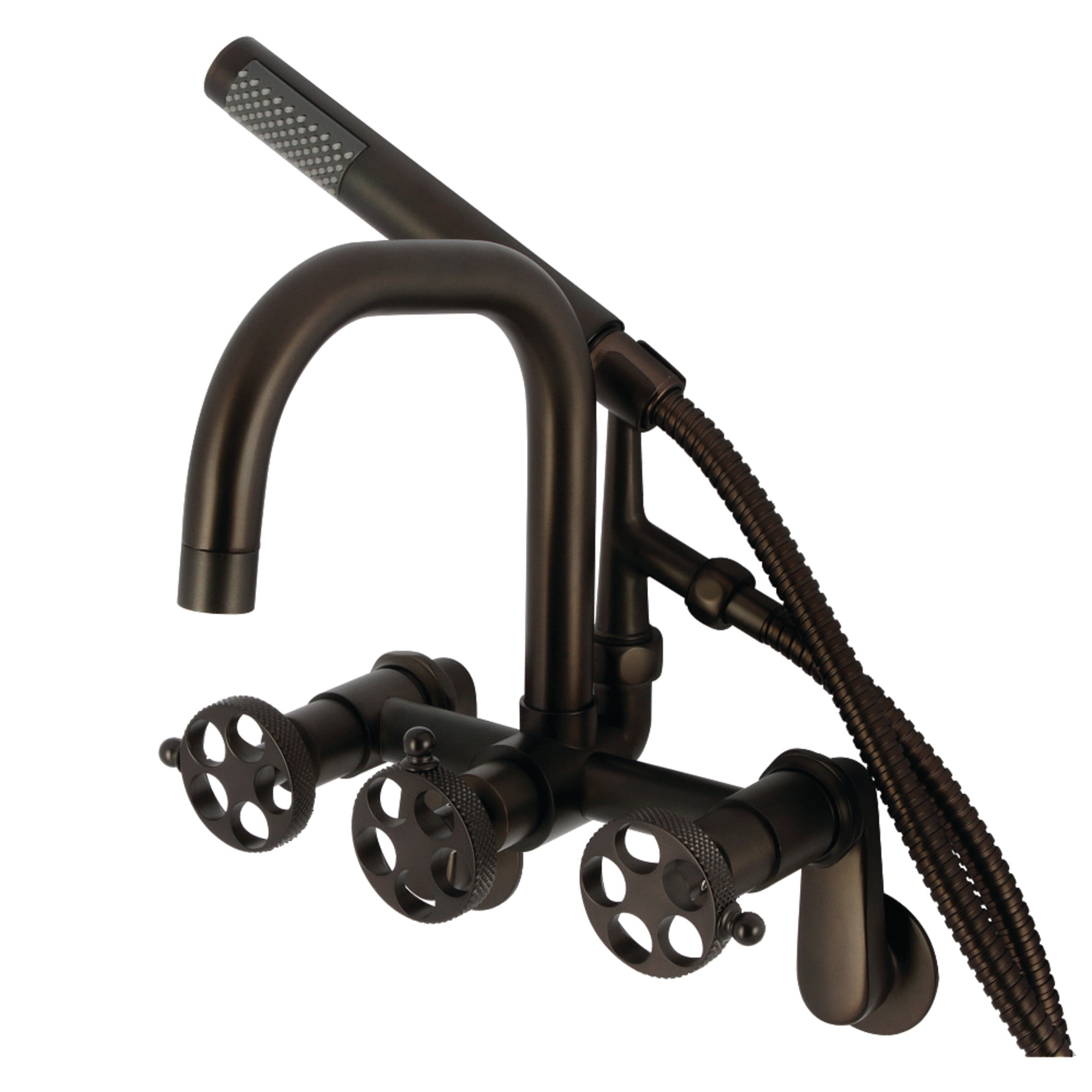 Kingston Brass AE8455RKX Webb 7-Inch Adjustable Wall Mount Clawfoot Tub Faucet with Knurled Handle and Hand Shower, Oil Rubbed Bronze