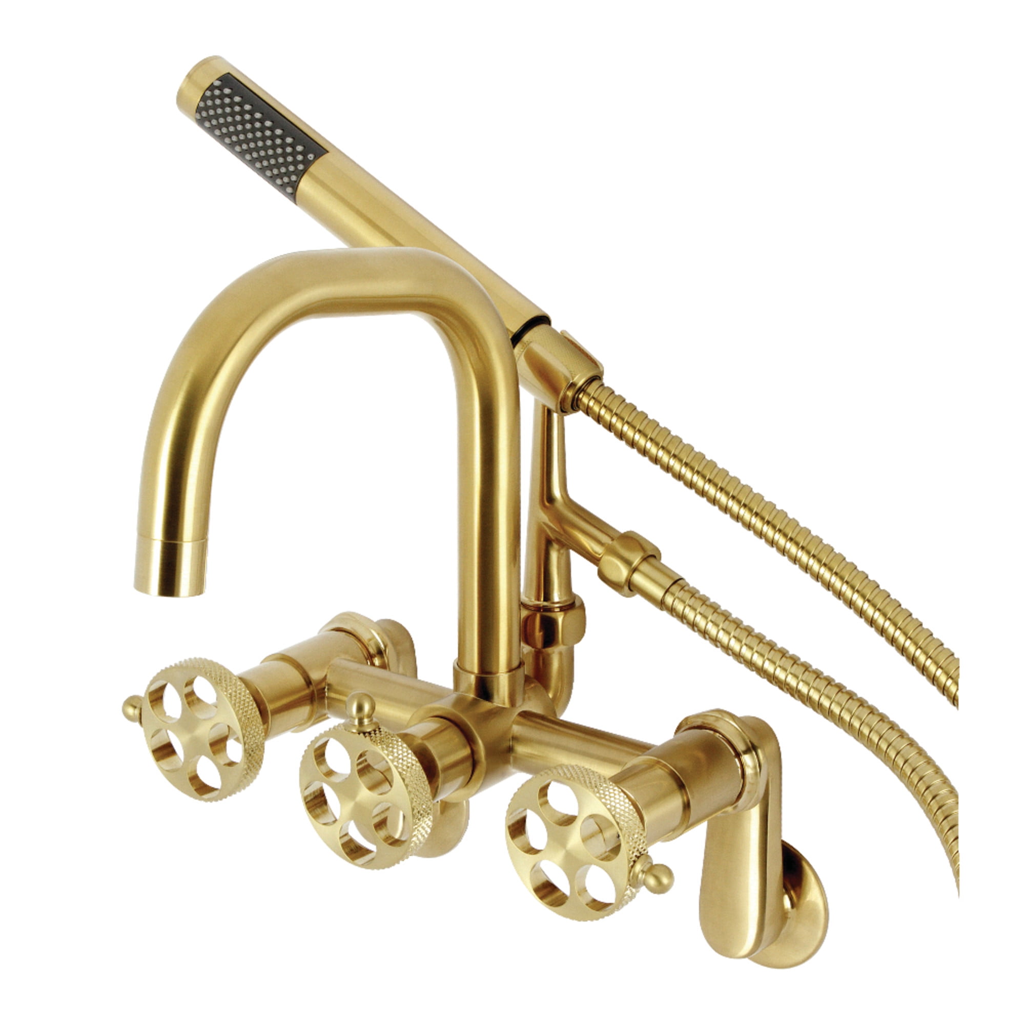 Kingston Brass AE8457RKX Webb 7-Inch Adjustable Wall Mount Clawfoot Tub Faucet with Knurled Handle and Hand Shower, Brushed Brass