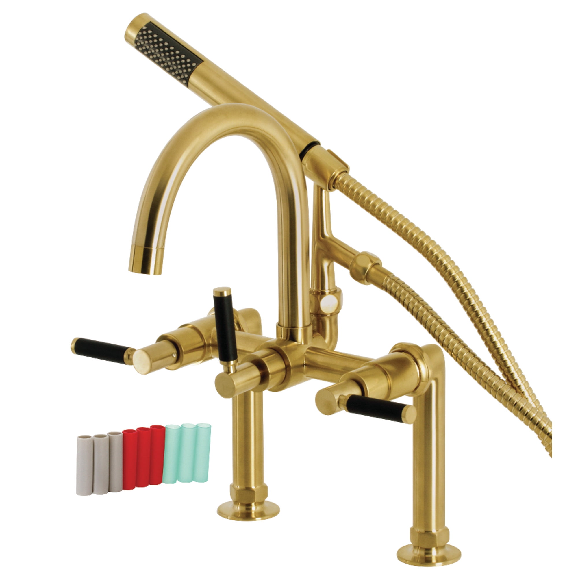 Aqua Vintage AE8107DKL Kaiser 7" Center Deck-Mount Clawfoot Tub Faucet with Hand Shower, Brushed Brass