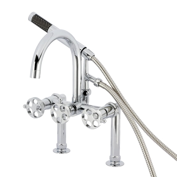 Kingston Brass AE8101RKX Webb Three-Handle 2-Hole Deck-Mount Clawfoot Tub Faucet with Knurled Handle and Hand Shower in Polished Chrome