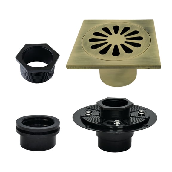 Kingston Brass BSFK4161AB Watercourse 4-Inch Brass Square Grid Shower Drain with Hair Strainer and Base Flange in Antique Brass