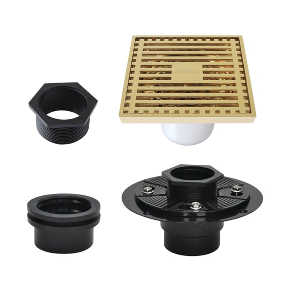 Kingston Brass BSFK4464PB Watercourse 4-Inch Brass Square Grid Shower Drain with Hair Strainer and Base Flange in Polished Brass