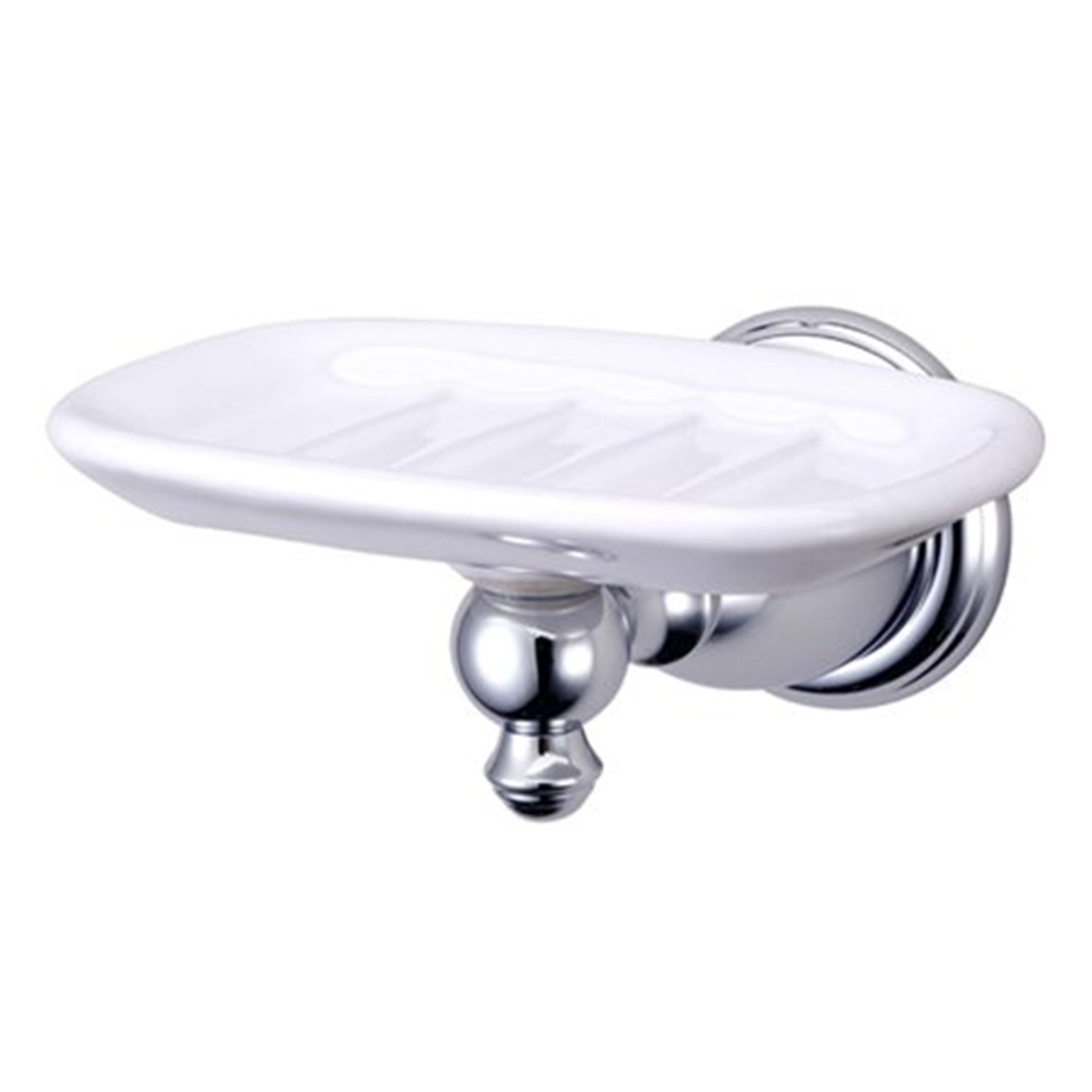 English Vintage White Ceramic Wall-Mount Soap Dish with Chrome Finish