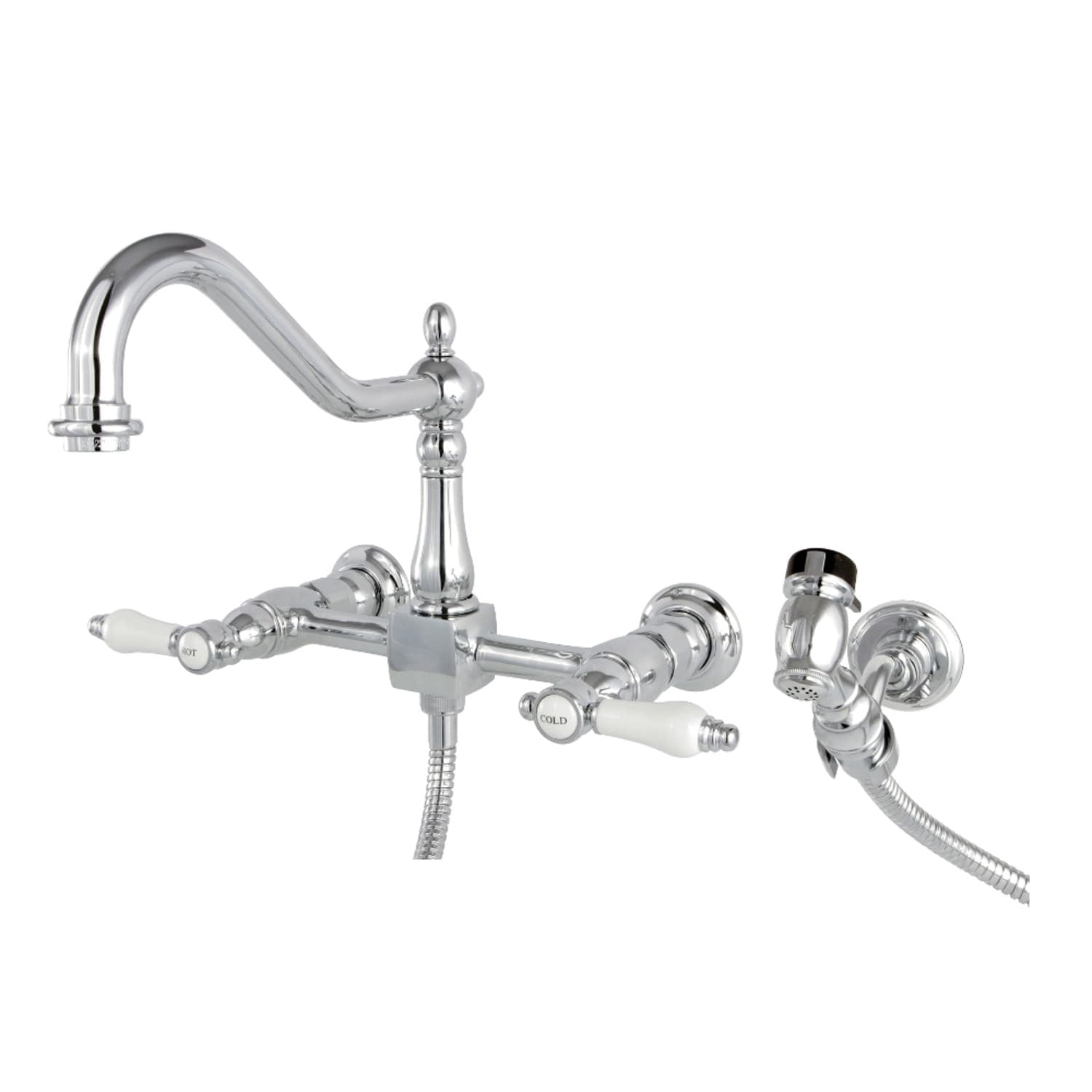 Kingston Brass  Bel-Air Wall Mount Bridge Kitchen Faucet with Brass Sprayer Polished Chrome Chrome Finish
