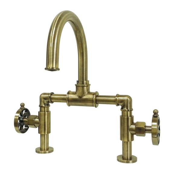 Kingston Brass KS2173RX Belknap Industrial Style Wheel Handle Bridge Bathroom Faucet with Pop-Up Drain, Antique Brass