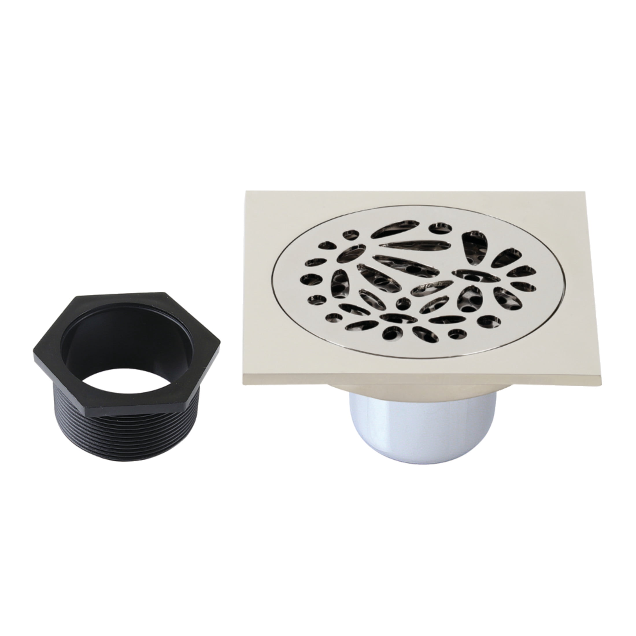 Kingston Brass BSF6360PN Watercourse Floral 4-Inch Brass Square Grid Shower Drain with Hair Strainer in Polished Nickel