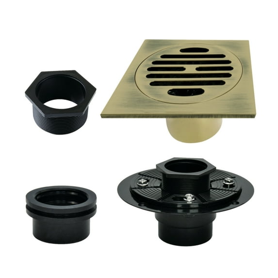 Kingston BSFK4262AB Watercourse 4-Inch Brass Square Grid Shower Drain with Hair Trap and Flange in Antique Brass
