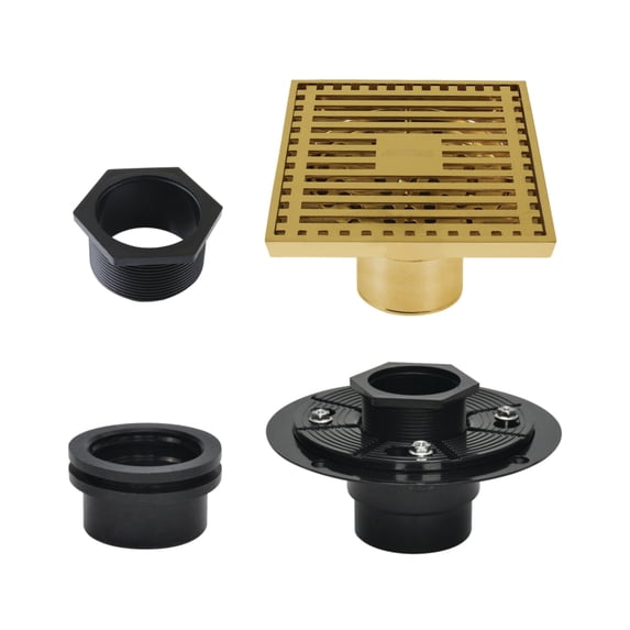 Kingston Brass BSFK4464BB Watercourse 4-Inch Brass Square Grid Shower Drain with Hair Strainer and Base Flange in Brushed Brass