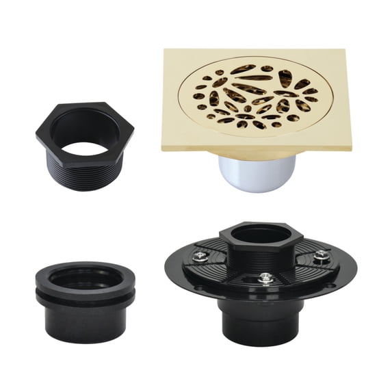 Kingston Brass BSFK6360PB Watercourse 4-Inch Brass Square Grid Shower Drain with Hair Strainer and Base Flange in Polished Brass