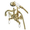 thumbnail image 1 of Kingston Brass CA1009T2 Heritage 3-3/8" Tub Wall Mount Clawfoot Tub Faucet with Hand Shower, Polished Brass, 1 of 4