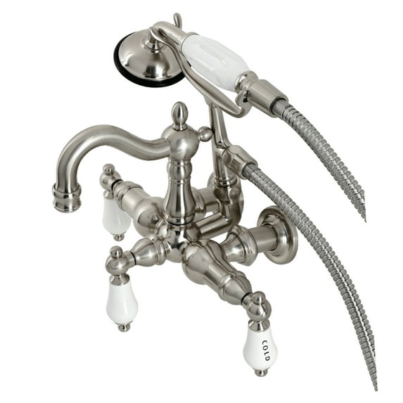 Kingston Brass CA1009T8 Heritage 3-3/8" Tub Wall Mount Clawfoot Tub Faucet with Hand Shower, Brushed Nickel