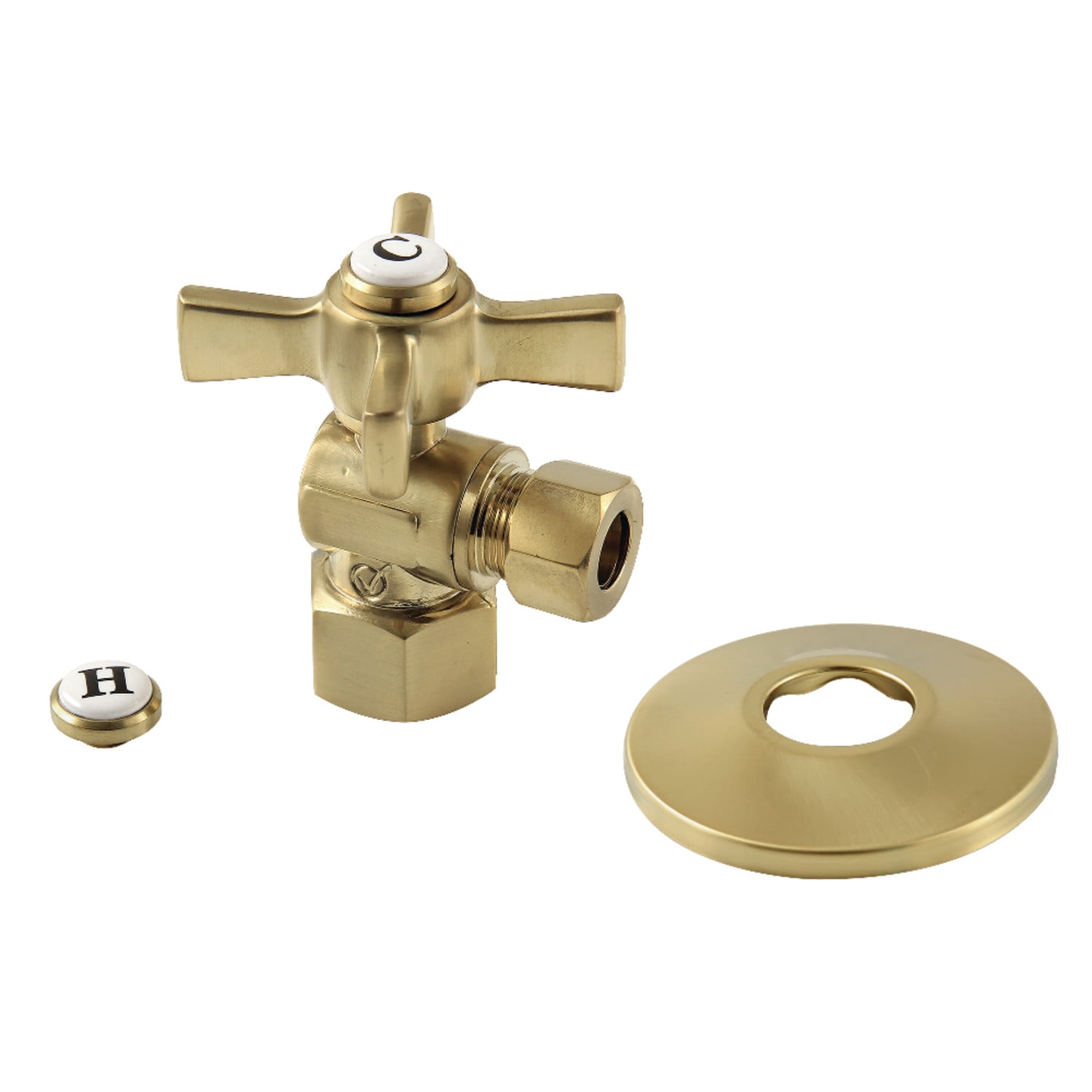 Kingston Brass CC43107ZXK 1/2" FIP x 3/8" OD Comp Quarter-Turn Angle Stop Valve with Flange, Brushed Brass